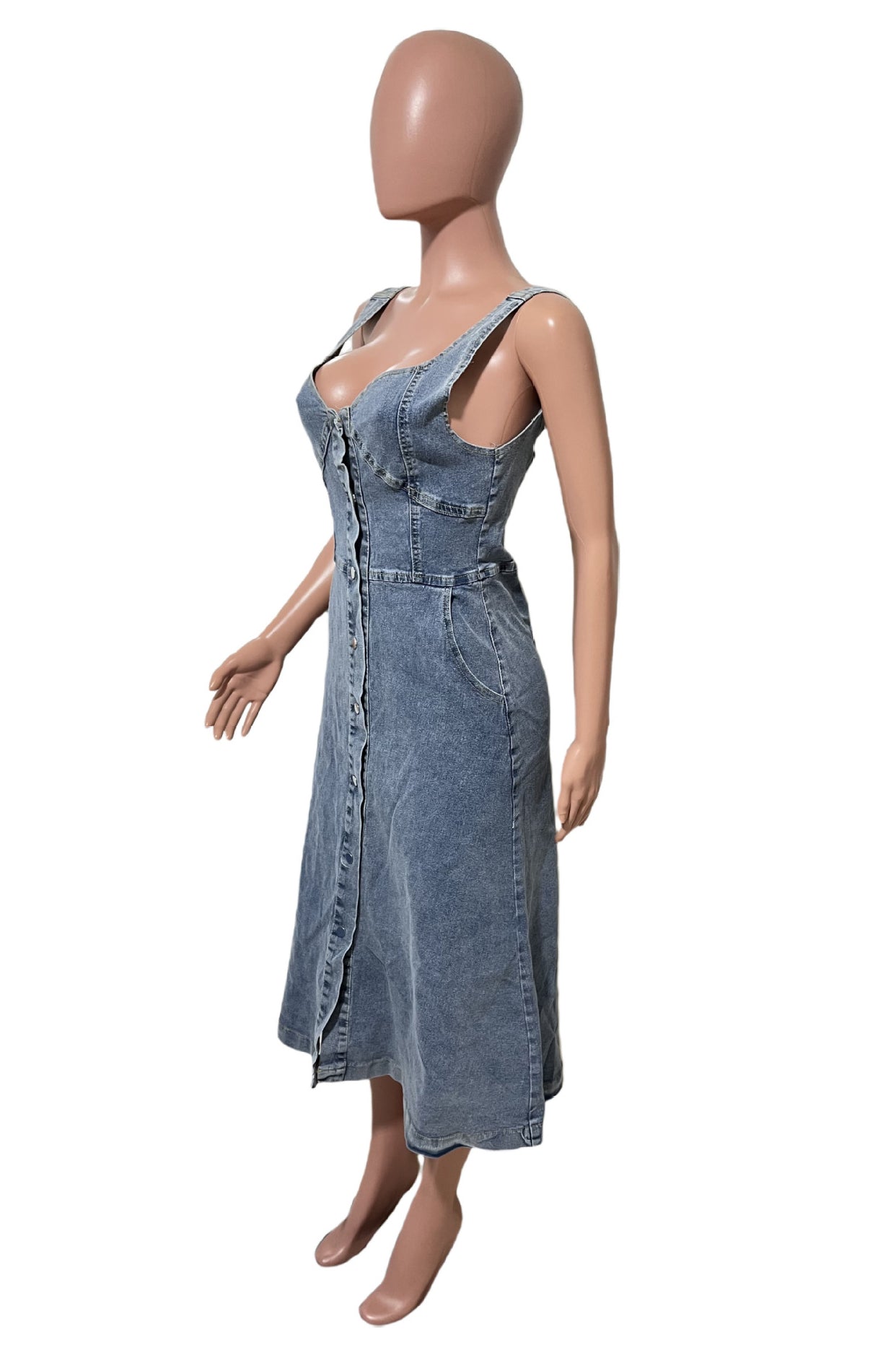 WOMEN FASHION SLEEVELESS DENIM MIDI DRESS