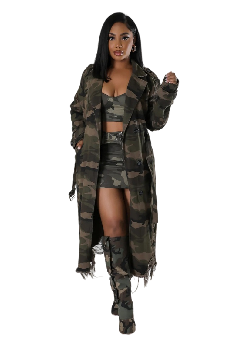 WOMEN FASHION CAMOFLAGE LONG TRENCH COAT