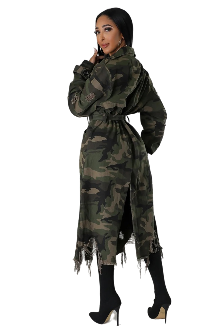 WOMEN FASHION CAMOFLAGE LONG TRENCH COAT