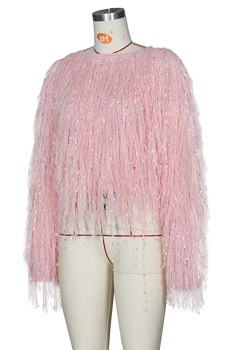 WOMEN FASHION FUZZY SEQUIN SWEATER