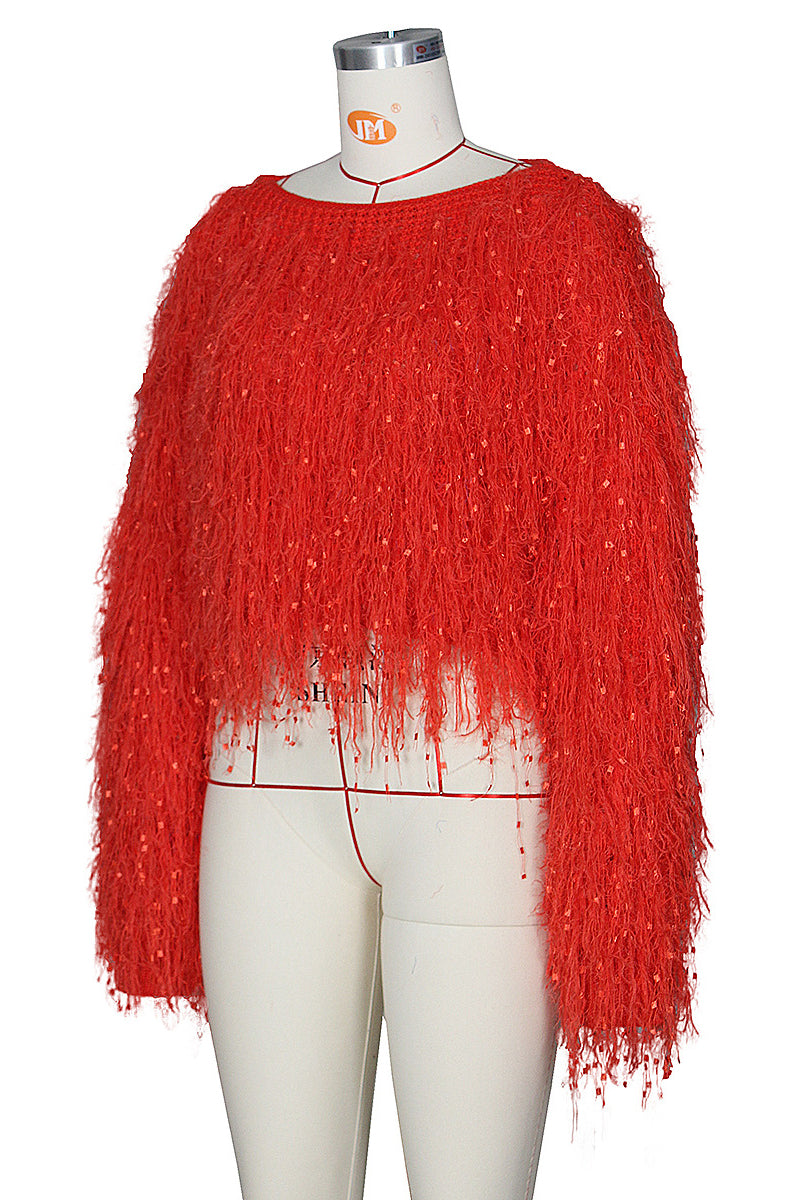 WOMEN FASHION FUZZY SEQUIN SWEATER