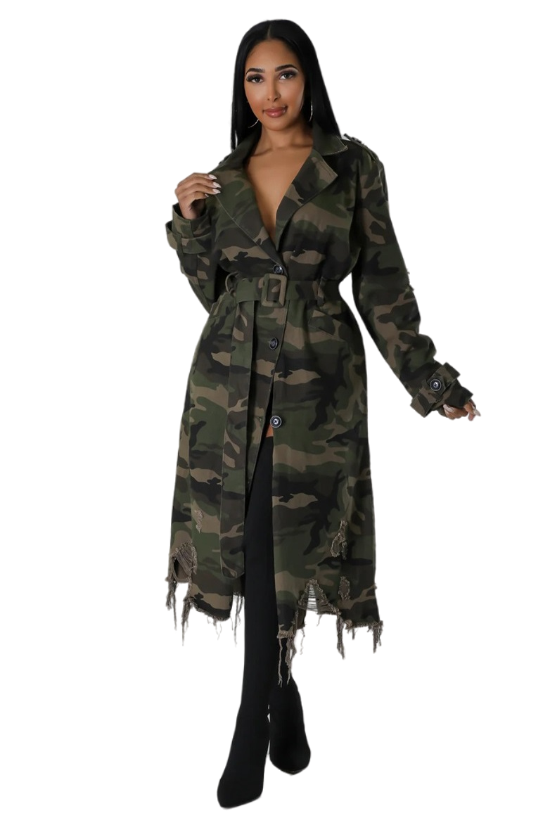 WOMEN FASHION CAMOFLAGE LONG TRENCH COAT