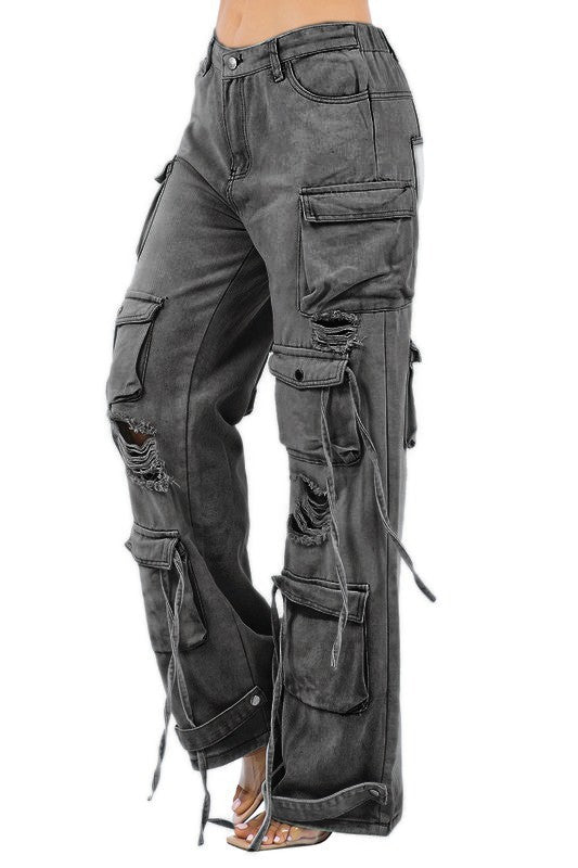 WOMEN CARGO STYLE DENIM PANTS