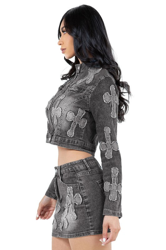 WOMEN FASHION DENIM TWO PIECE SKIRT SET