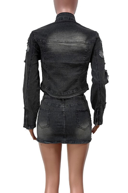 WOMEN FASHION DENIM TWO PIECE SKIRT SET
