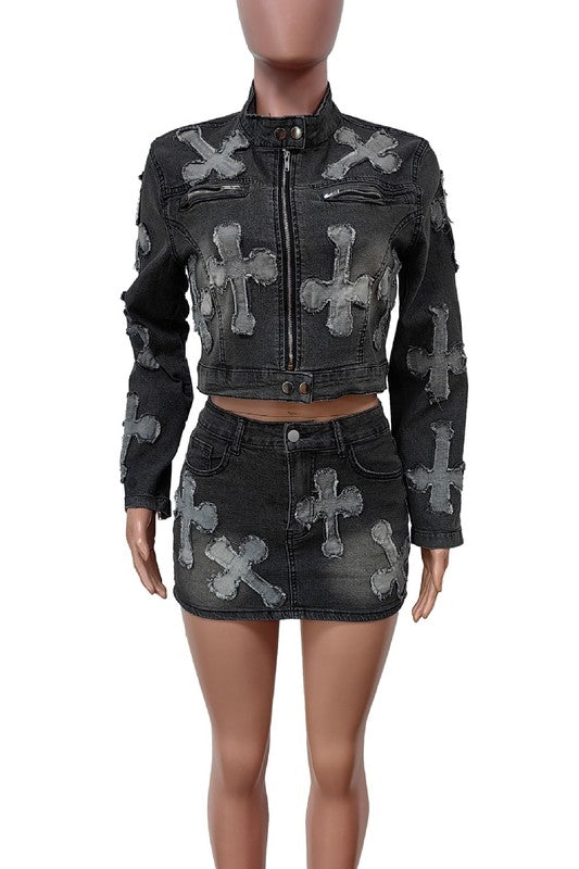 WOMEN FASHION DENIM TWO PIECE SKIRT SET