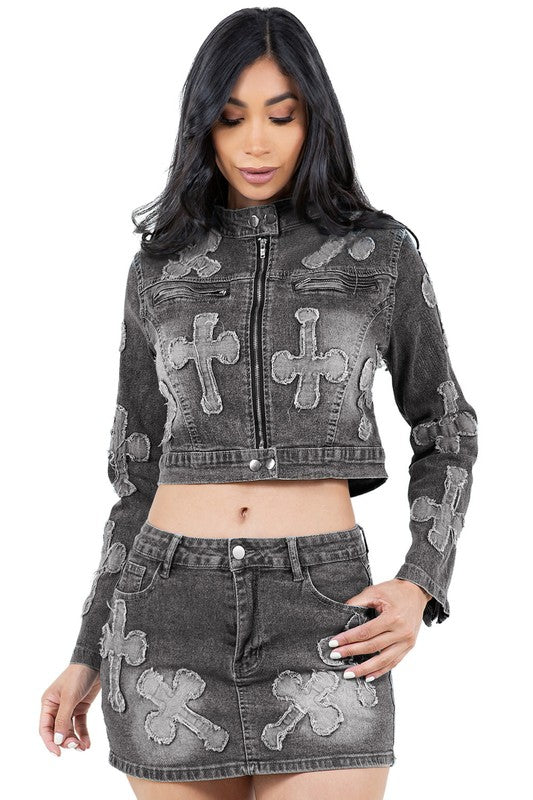 WOMEN FASHION DENIM TWO PIECE SKIRT SET
