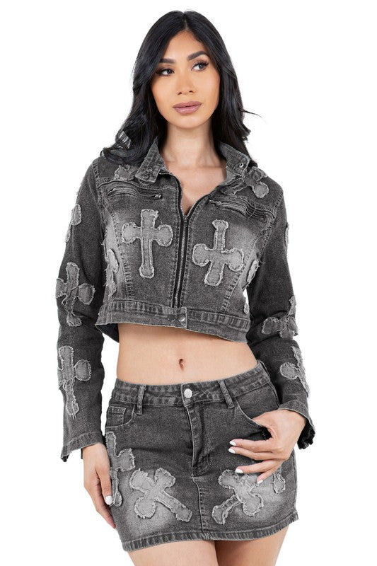 WOMEN FASHION DENIM TWO PIECE SKIRT SET