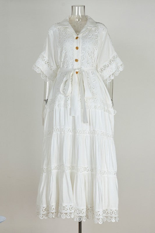 WOMEN FASHION LACE TRIM LONG MAXI DRESS