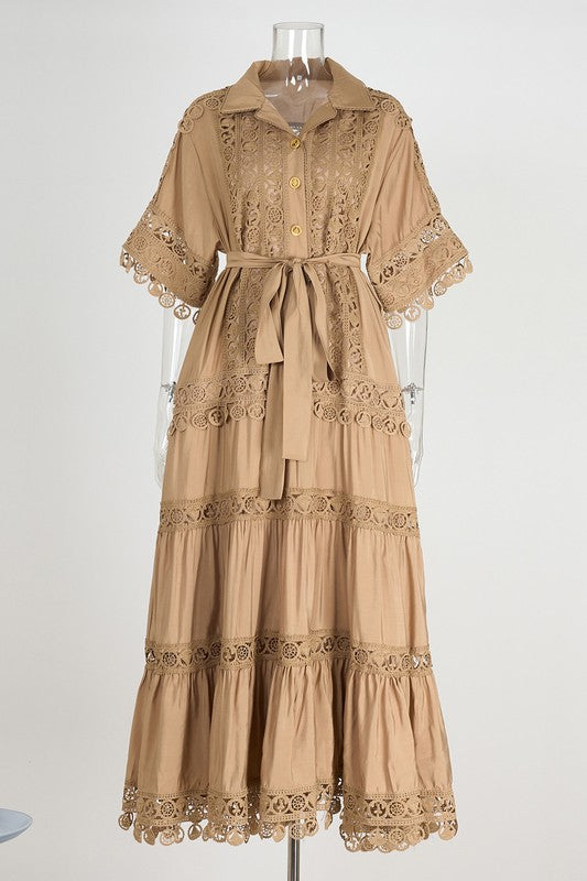 WOMEN FASHION LACE TRIM LONG MAXI DRESS