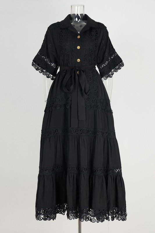WOMEN FASHION LACE TRIM LONG MAXI DRESS