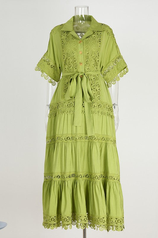 WOMEN FASHION LACE TRIM LONG MAXI DRESS