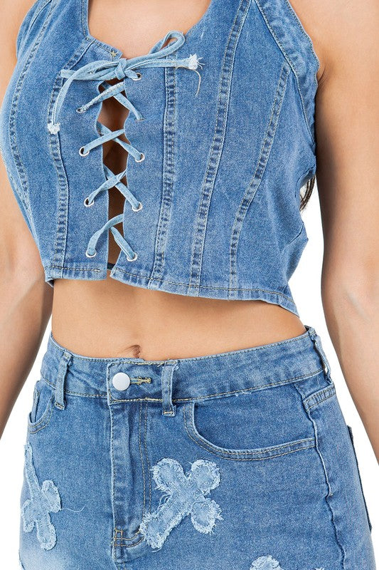 WOMEN FASHION DENIM TWO PIECE SKIRT SET