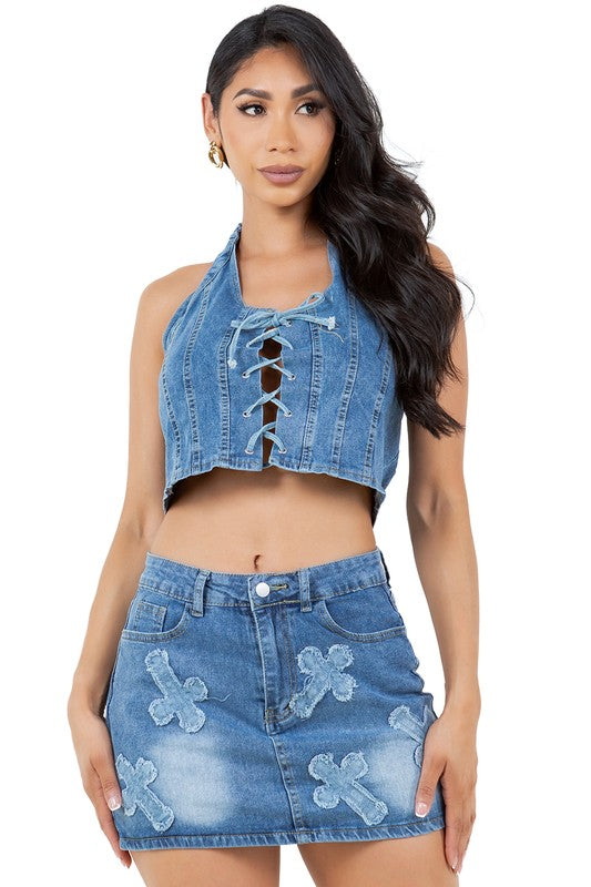 WOMEN FASHION DENIM TWO PIECE SKIRT SET