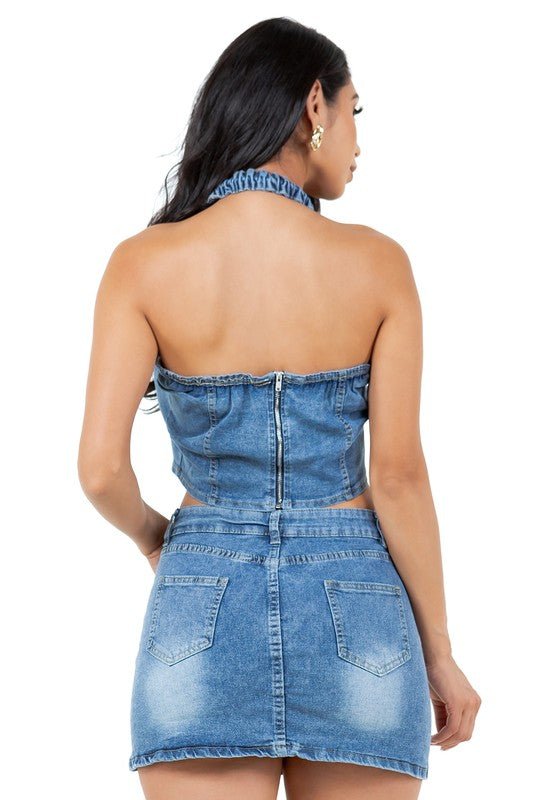 WOMEN FASHION DENIM TWO PIECE SKIRT SET
