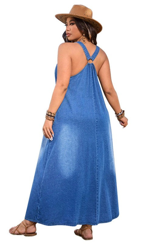 WOMEN PLUS SIZE FASHION DENIM MAXI DRESS