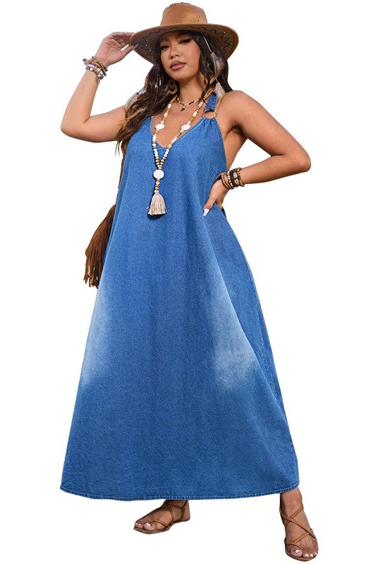 WOMEN PLUS SIZE FASHION DENIM MAXI DRESS