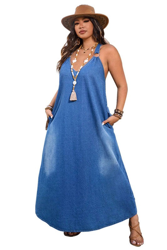 WOMEN PLUS SIZE FASHION DENIM MAXI DRESS