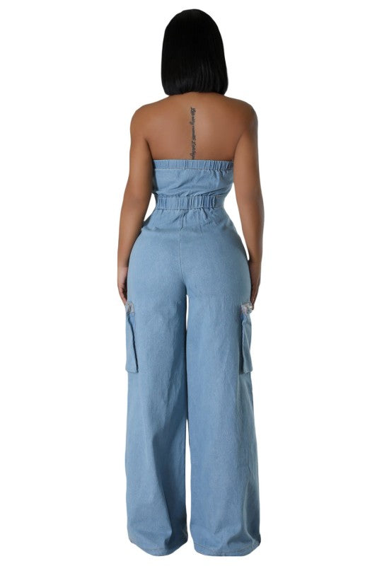 WOMEN FASHION STRAPLESS DENIM JUMPSUIT
