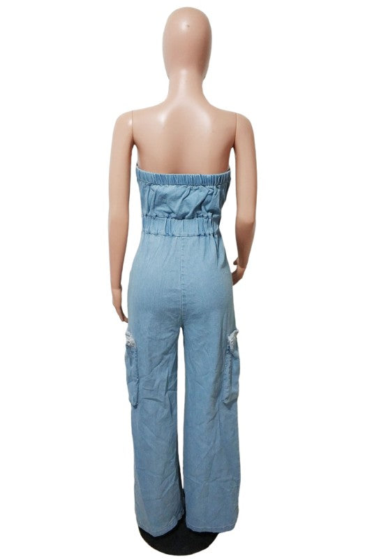 WOMEN FASHION STRAPLESS DENIM JUMPSUIT
