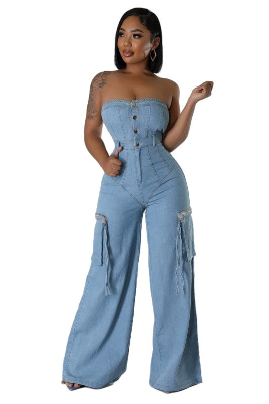 WOMEN FASHION STRAPLESS DENIM JUMPSUIT