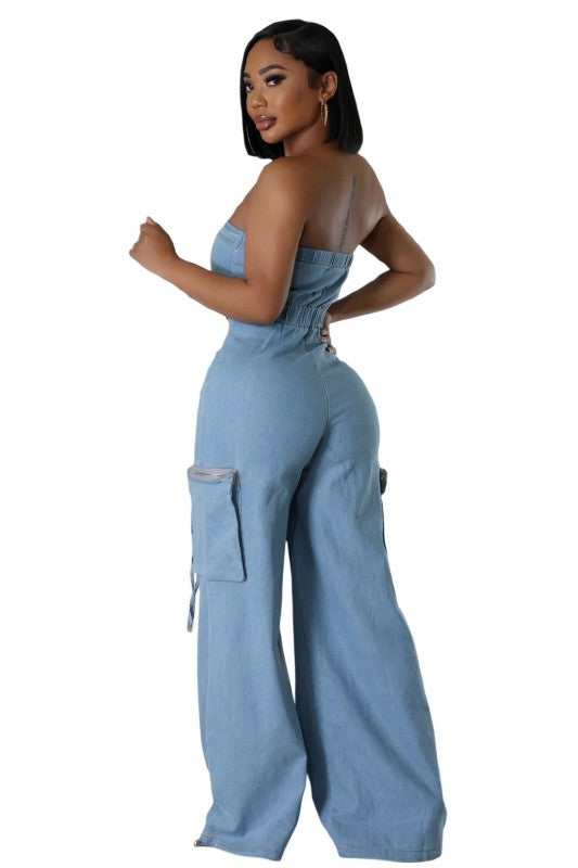 WOMEN FASHION STRAPLESS DENIM JUMPSUIT