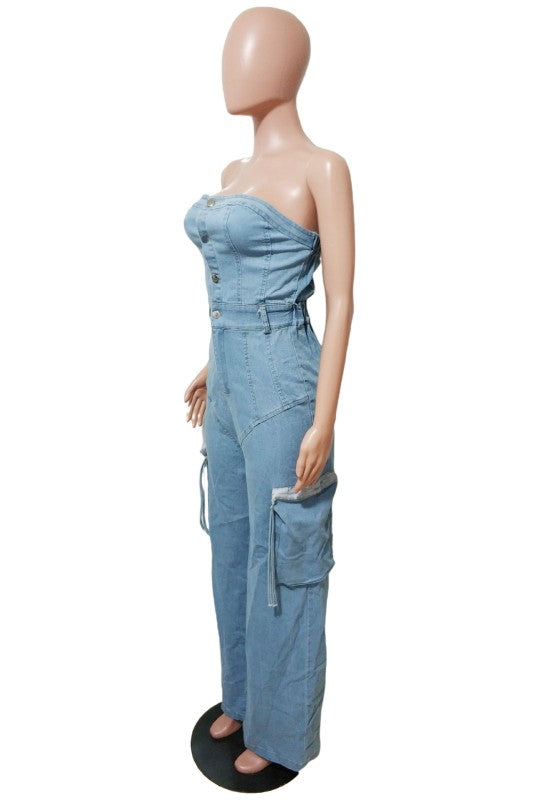 WOMEN FASHION STRAPLESS DENIM JUMPSUIT
