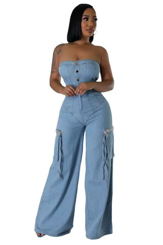 WOMEN FASHION STRAPLESS DENIM JUMPSUIT