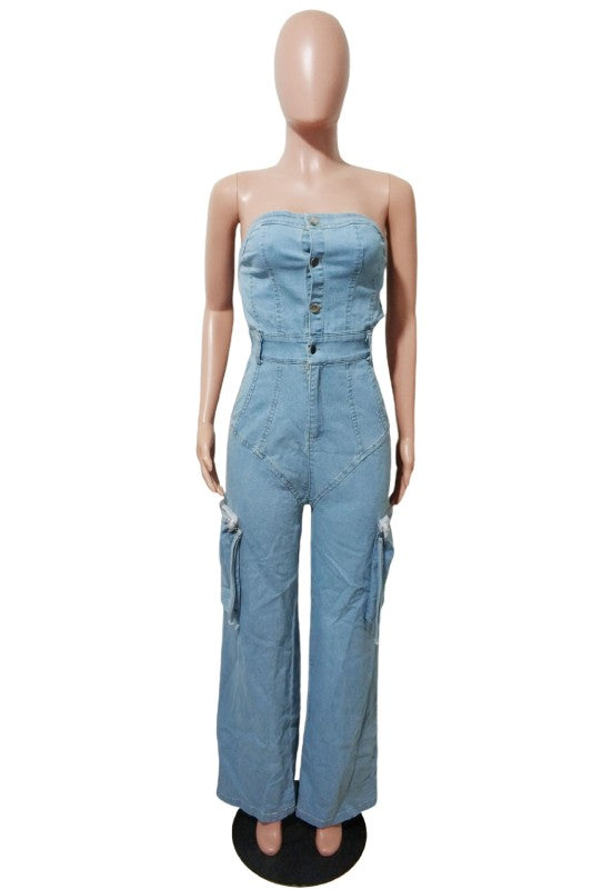 WOMEN FASHION STRAPLESS DENIM JUMPSUIT