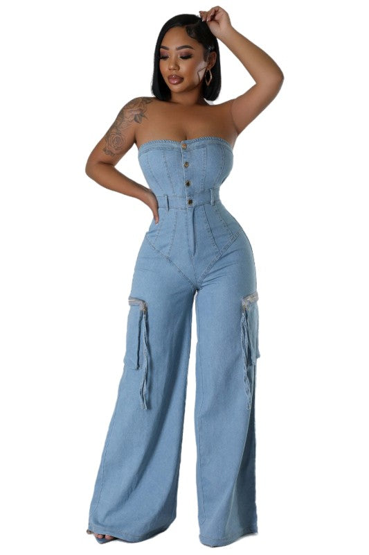WOMEN FASHION STRAPLESS DENIM JUMPSUIT