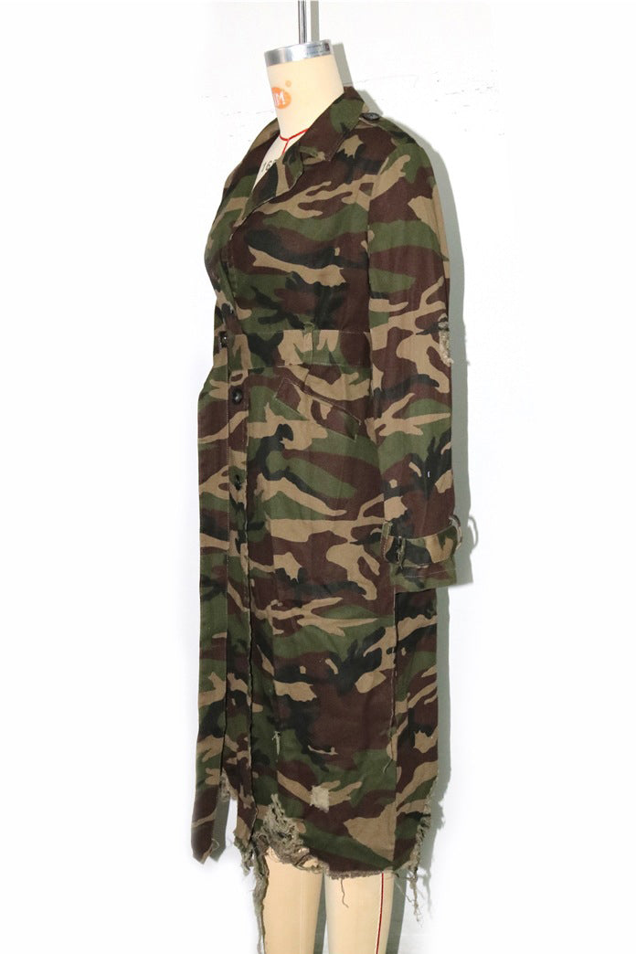 WOMEN FASHION CAMOFLAGE LONG TRENCH COAT