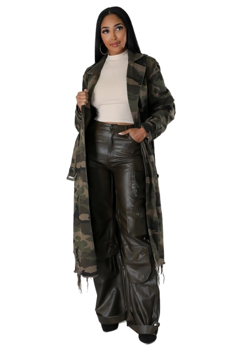 WOMEN FASHION CAMOFLAGE LONG TRENCH COAT