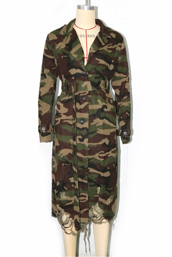 WOMEN FASHION CAMOFLAGE LONG TRENCH COAT