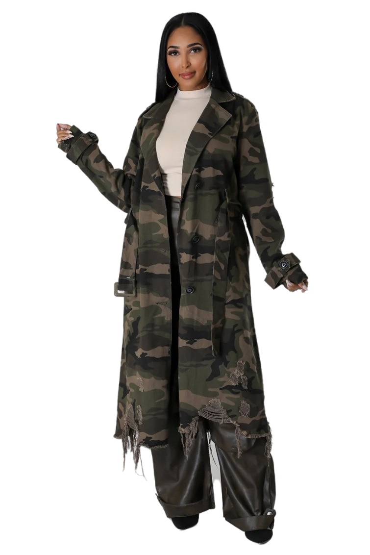 WOMEN FASHION CAMOFLAGE LONG TRENCH COAT