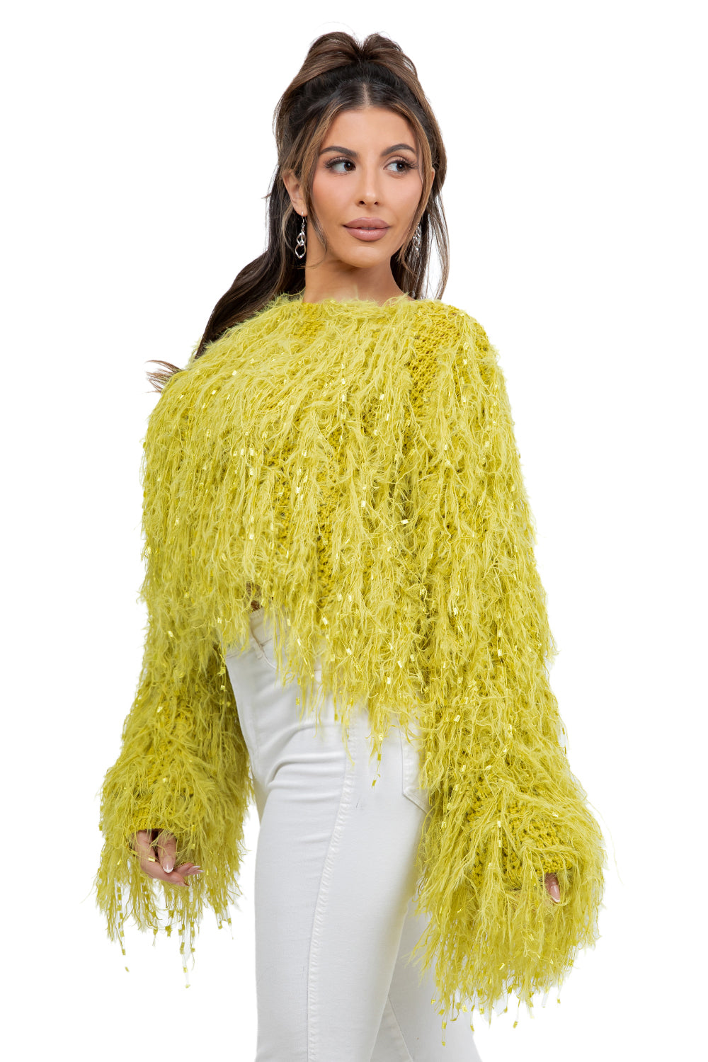 WOMEN FASHION FUZZY SEQUIN SWEATER