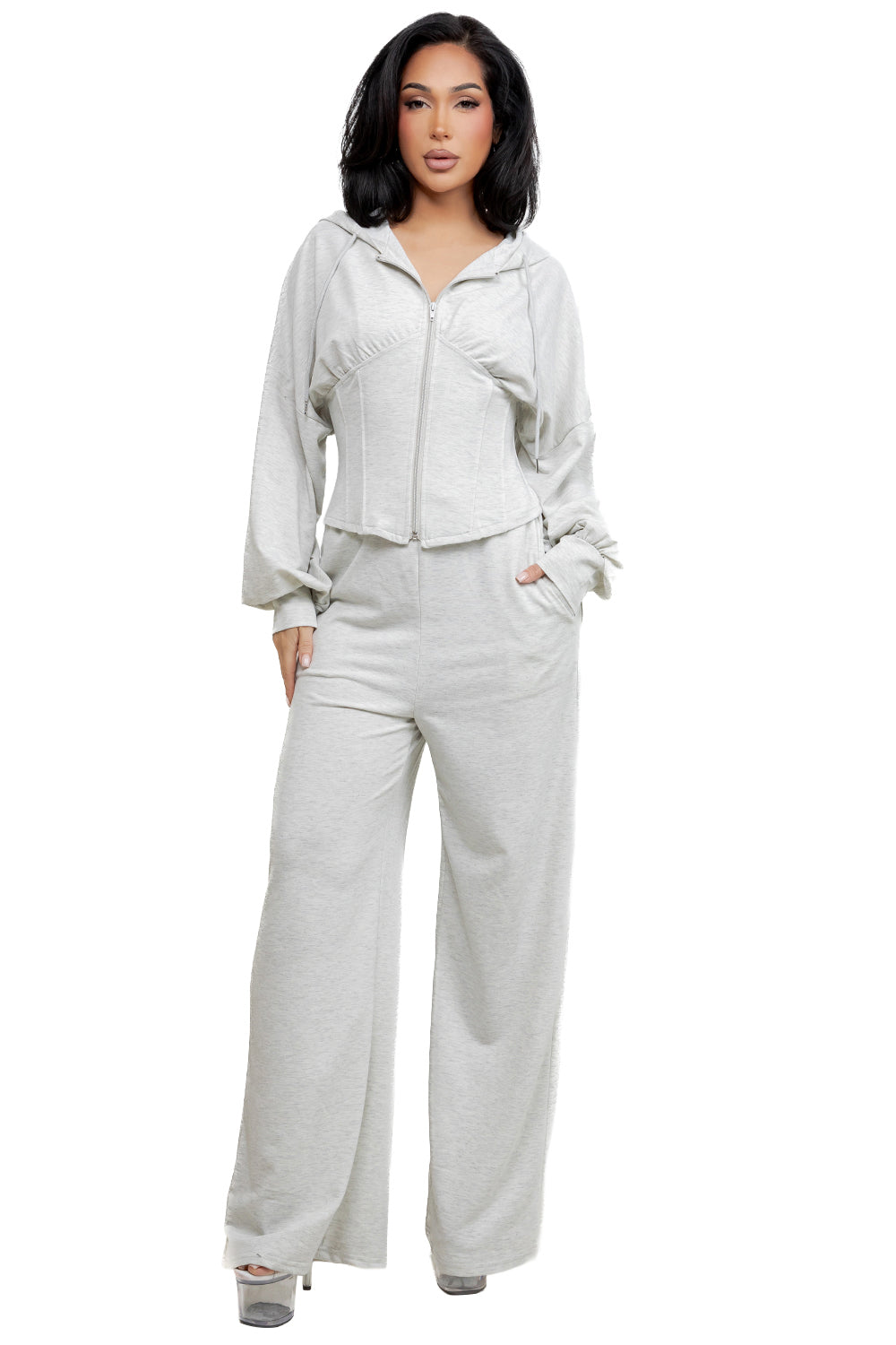 WOMEN FASHION CORSET ZIP HOODIE AND PANTS SET