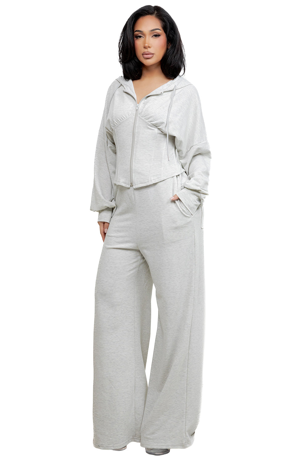 WOMEN FASHION CORSET ZIP HOODIE AND PANTS SET