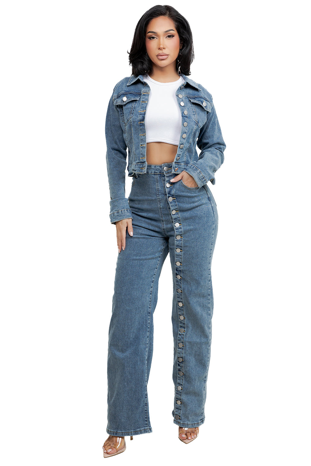 WOMEN FASHION STYLE DENIM JACKET AND JEAN SET