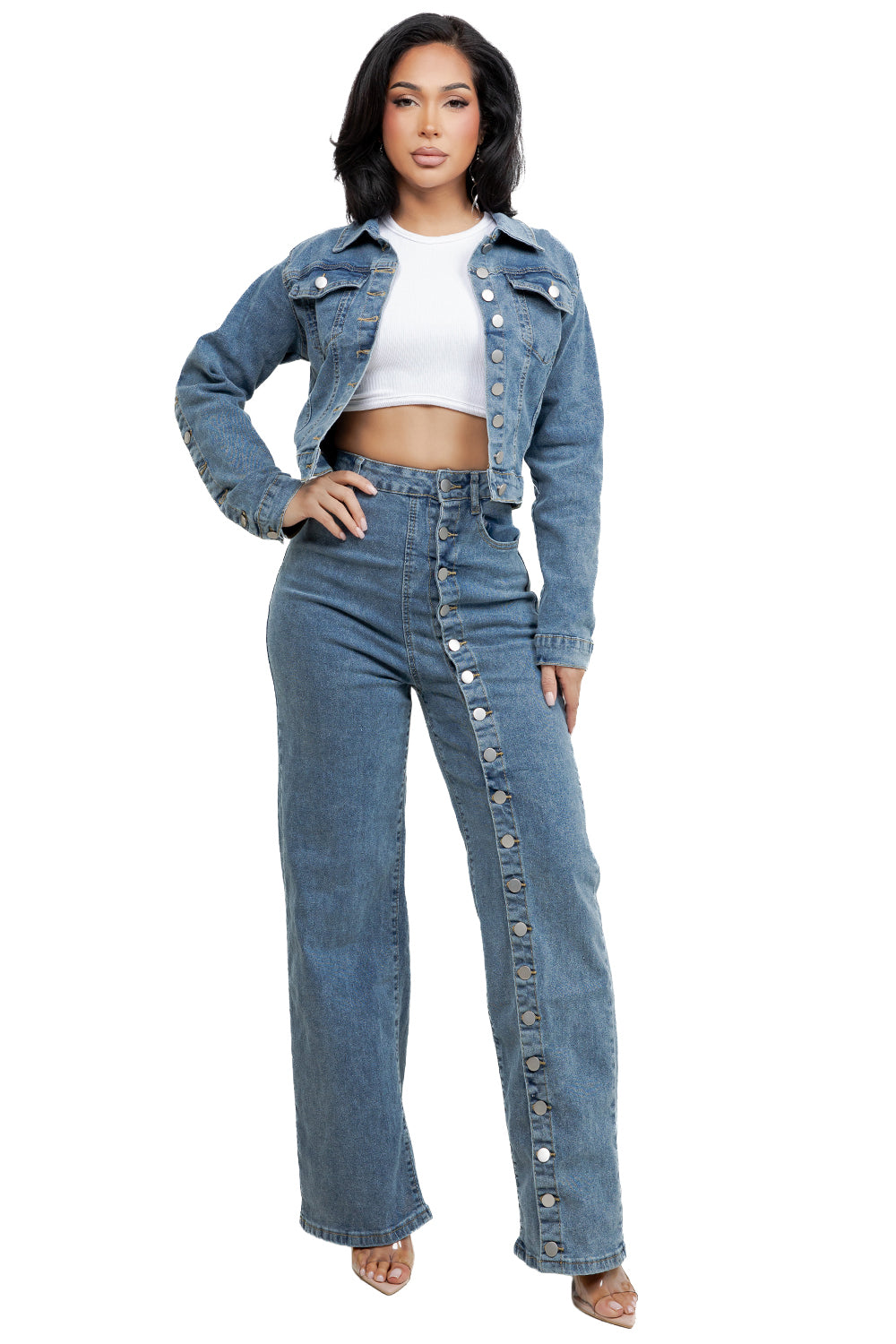 WOMEN FASHION STYLE DENIM JACKET AND JEAN SET