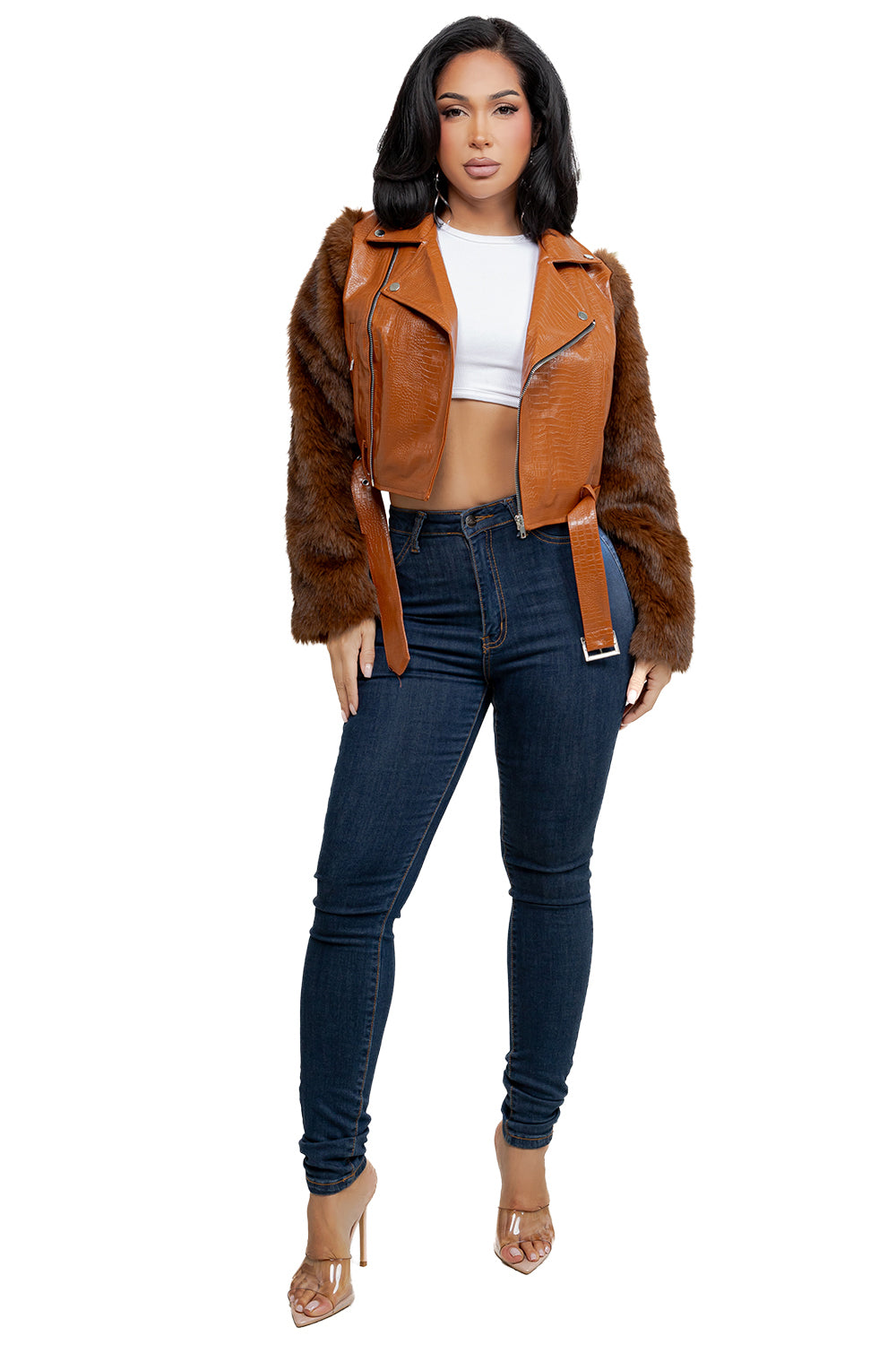WOMEN SEXY PU LEATHER FAUX FUR JACKET