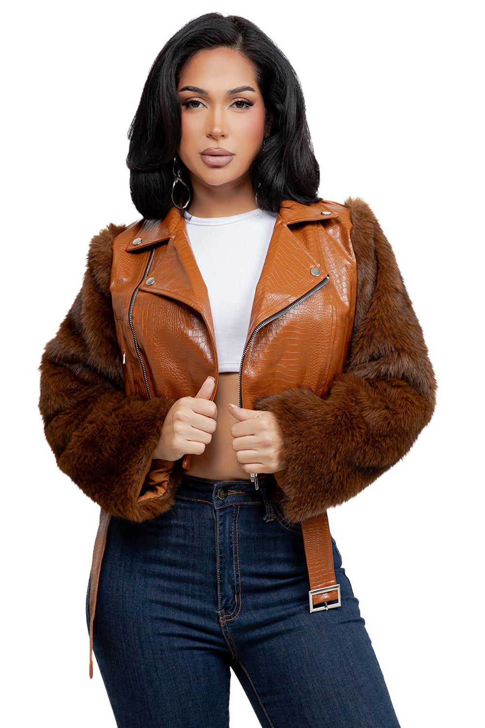 WOMEN SEXY PU LEATHER FAUX FUR JACKET