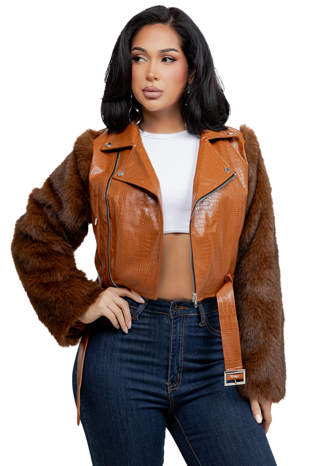 WOMEN SEXY PU LEATHER FAUX FUR JACKET