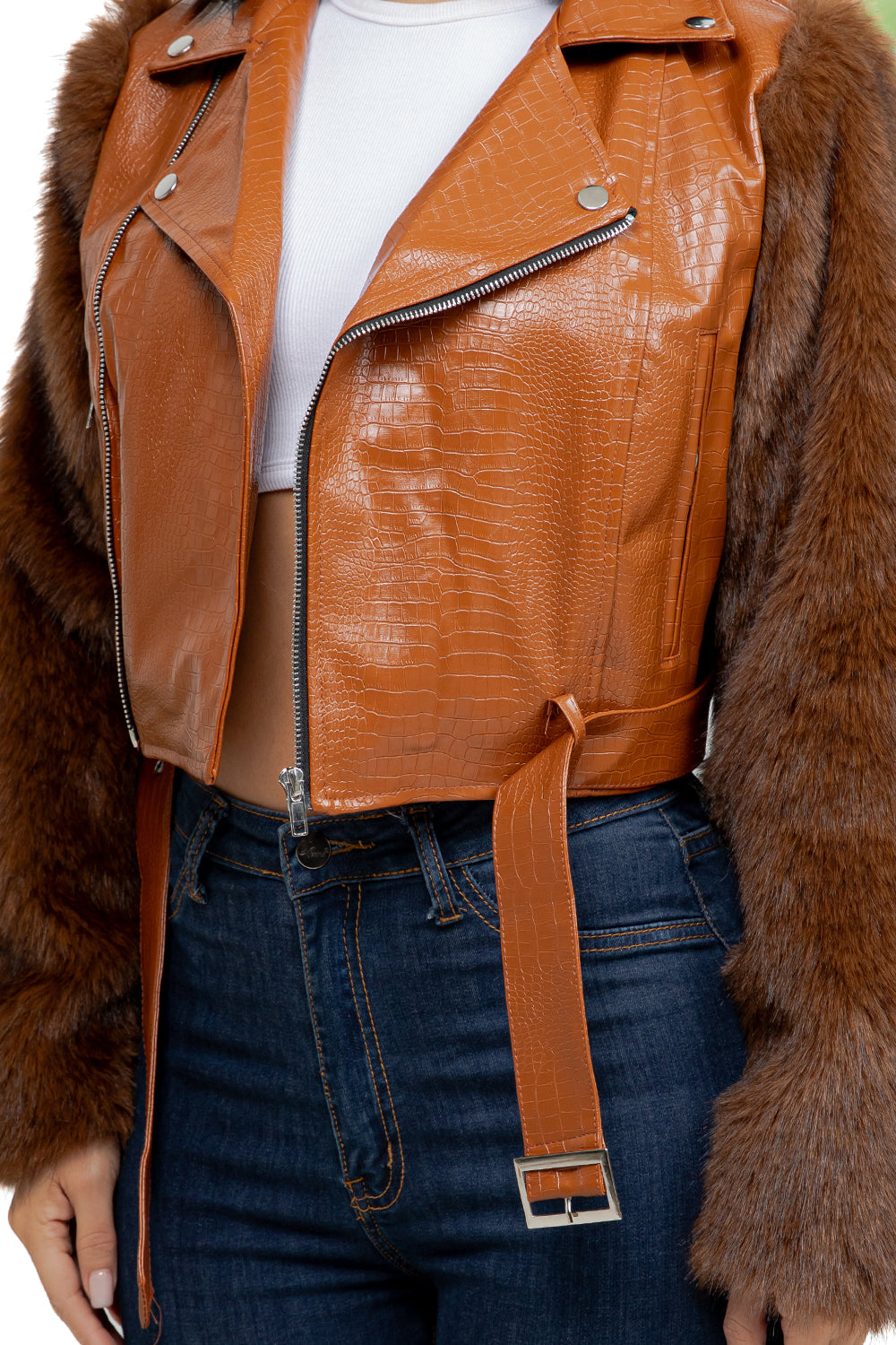 WOMEN SEXY PU LEATHER FAUX FUR JACKET