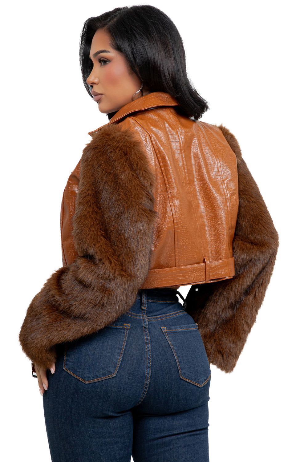 WOMEN SEXY PU LEATHER FAUX FUR JACKET
