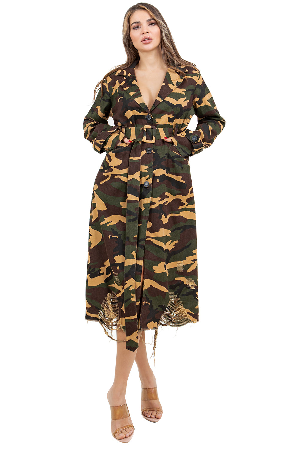WOMEN FASHION CAMOFLAGE LONG TRENCH COAT