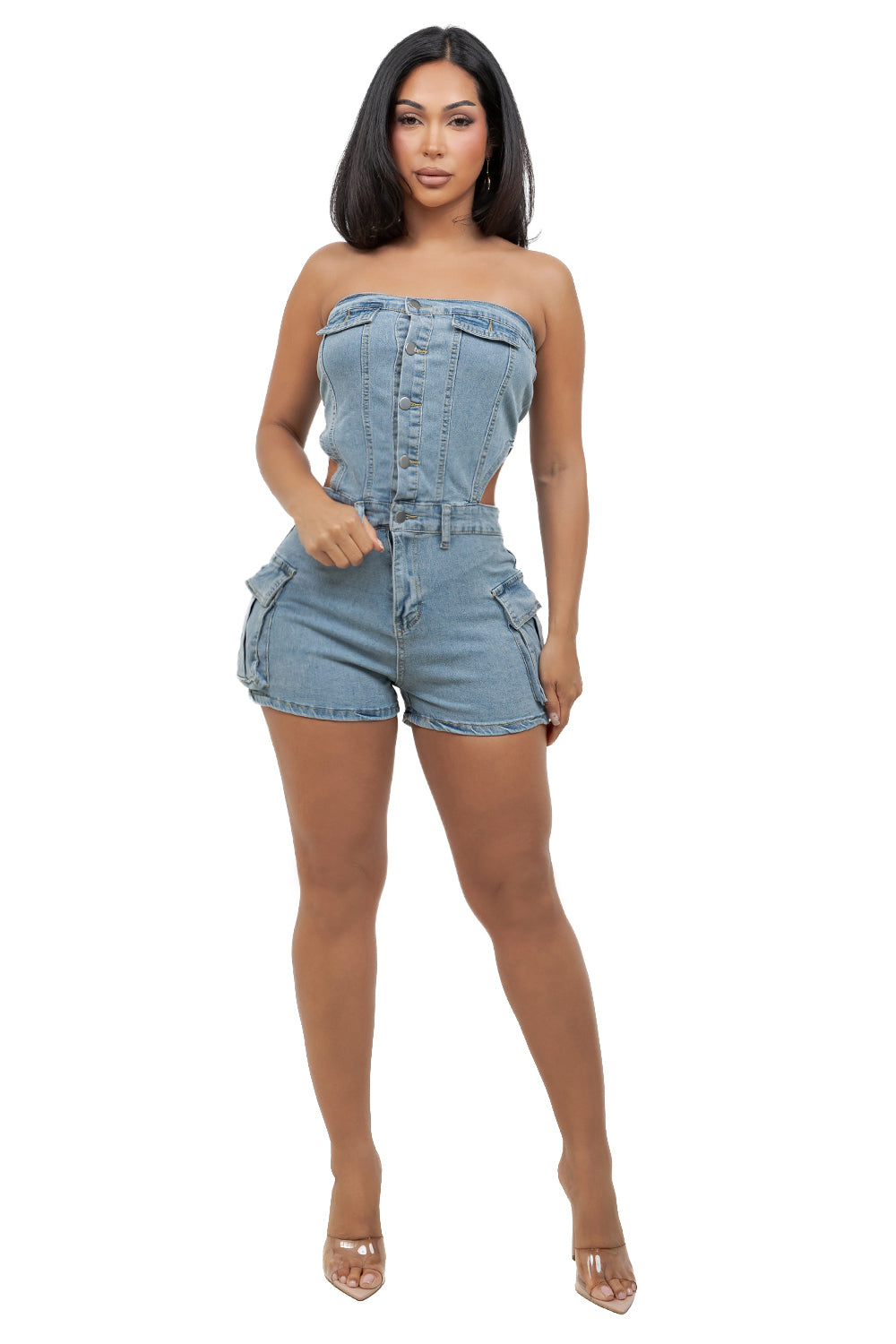 WOMEN FASHION STRAPLESS DENIM ROMPERS