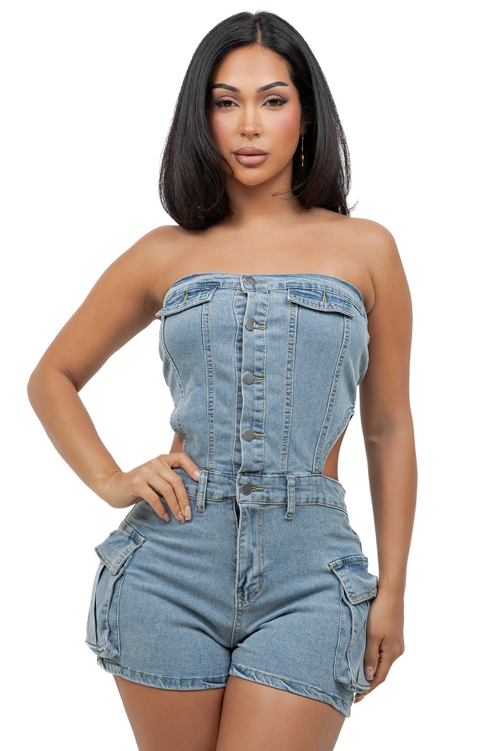 WOMEN FASHION STRAPLESS DENIM ROMPERS