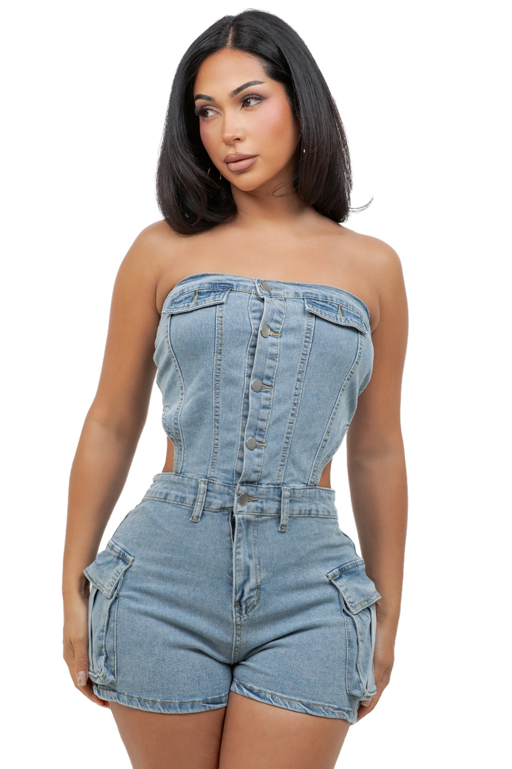 WOMEN FASHION STRAPLESS DENIM ROMPERS