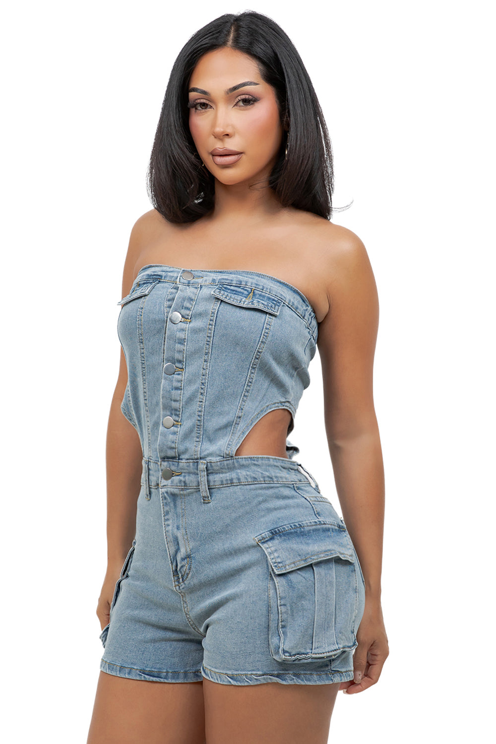 WOMEN FASHION STRAPLESS DENIM ROMPERS