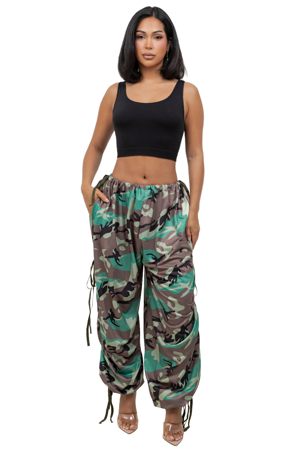 WOMEN FASHION OVERSIZED CAMOUFLAGE DRAWSTRING CARGO PANTS